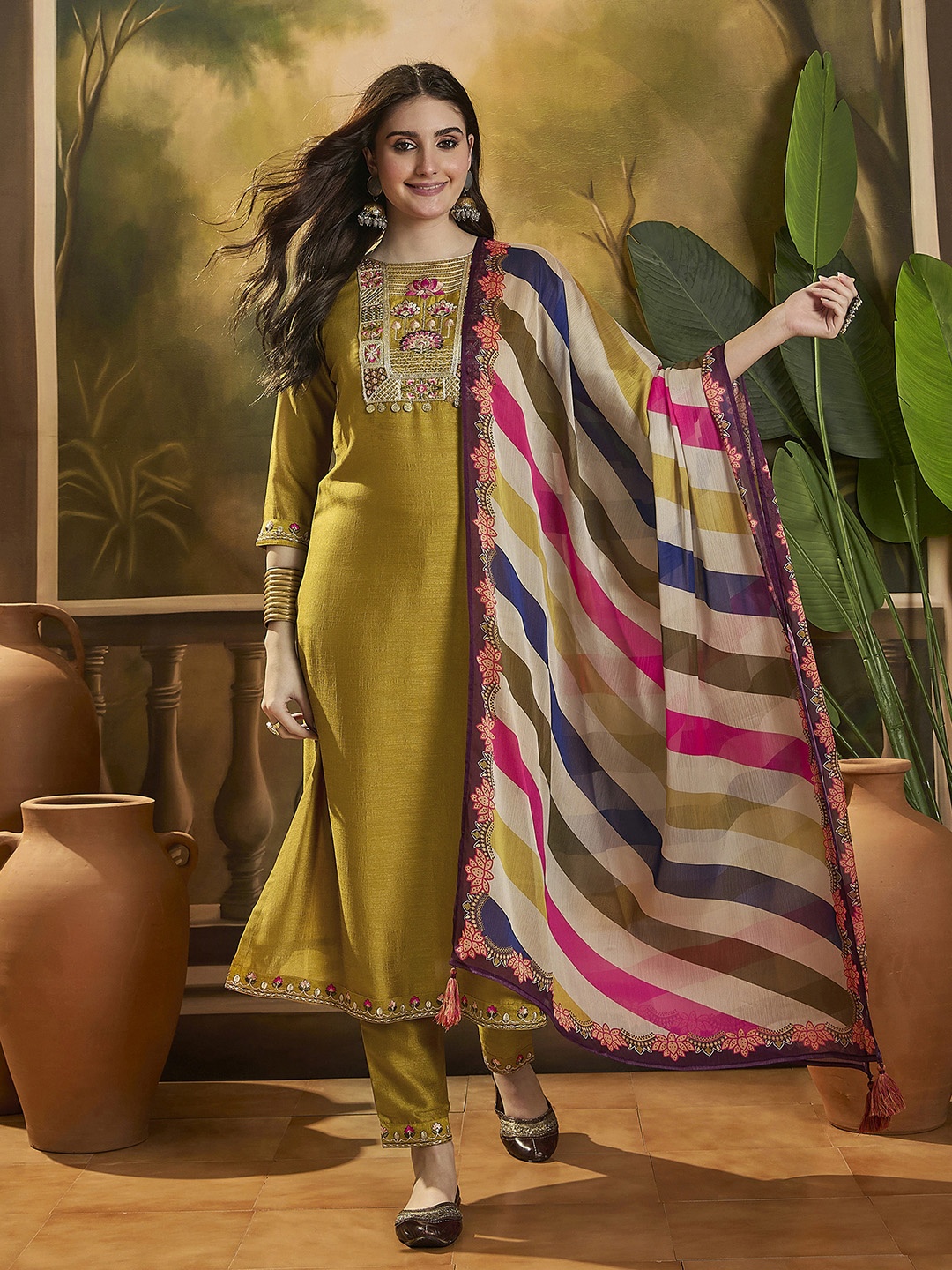

Sangria Embroidered Kurta Trouser With Dupatta, Mustard
