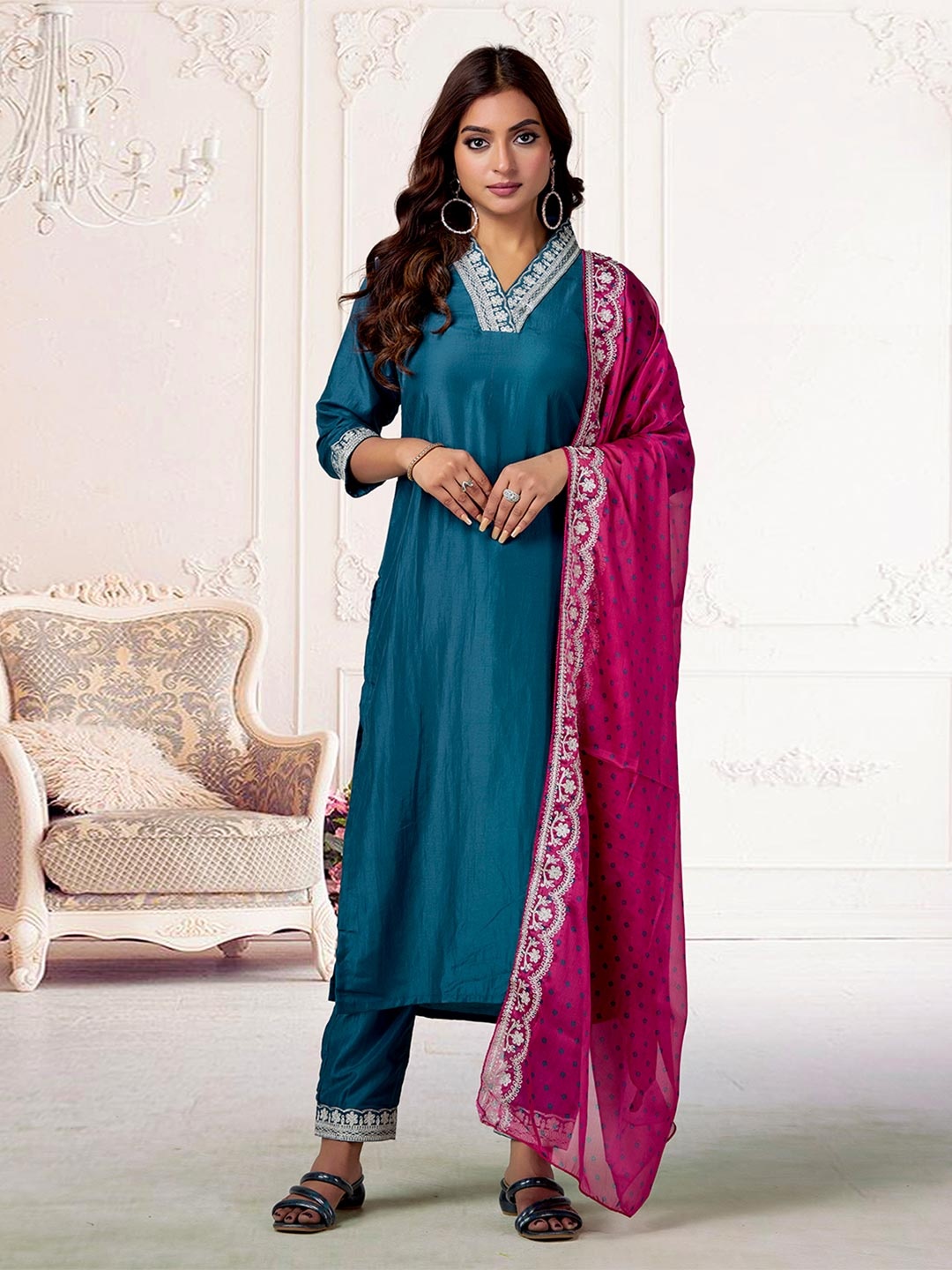 

Anouk Rustic Women Regular Kurta with Trousers & With Dupatta, Blue