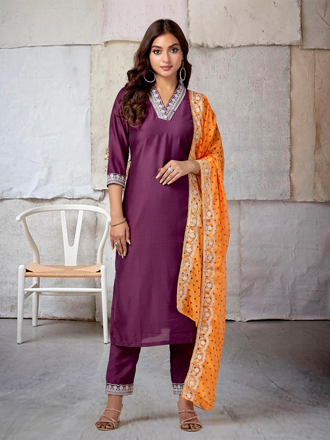 

Anouk Rustic Women Embroidered Regular Kurta with Trousers & With Dupatta, Purple