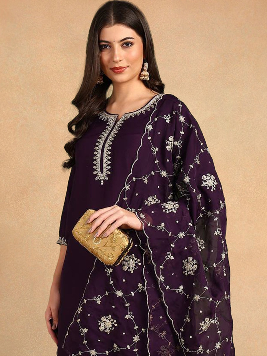 

House of Pataudi Embroidered A-Line Kurta Set, Purple