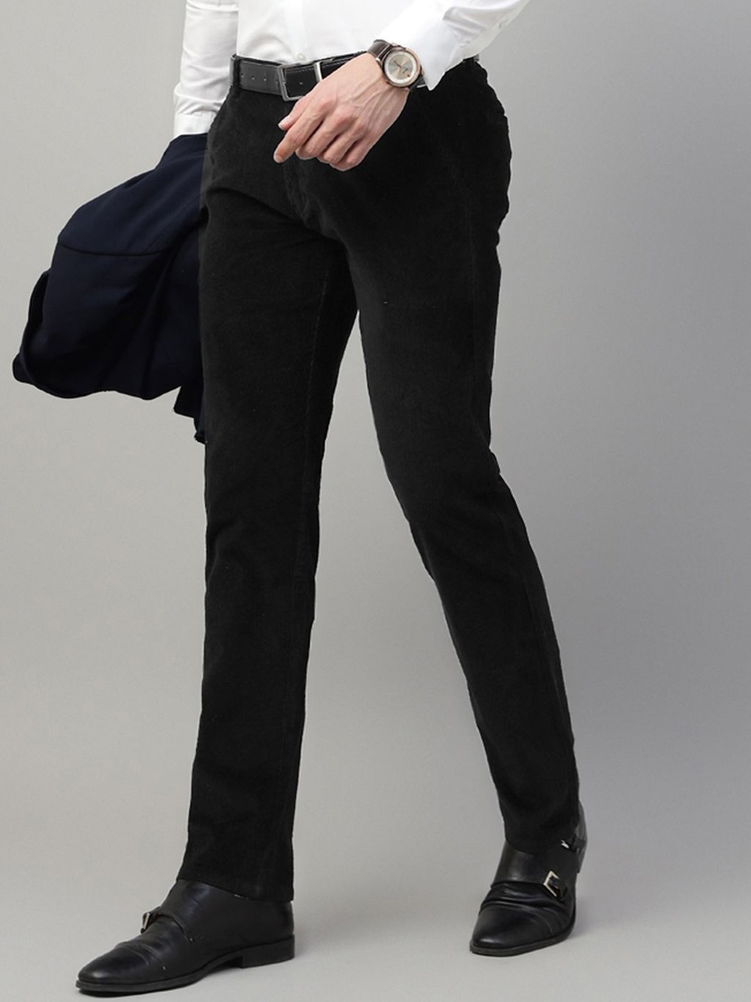 

Hancock Men Slim Fit Corduroy Stretchable Trousers, Black