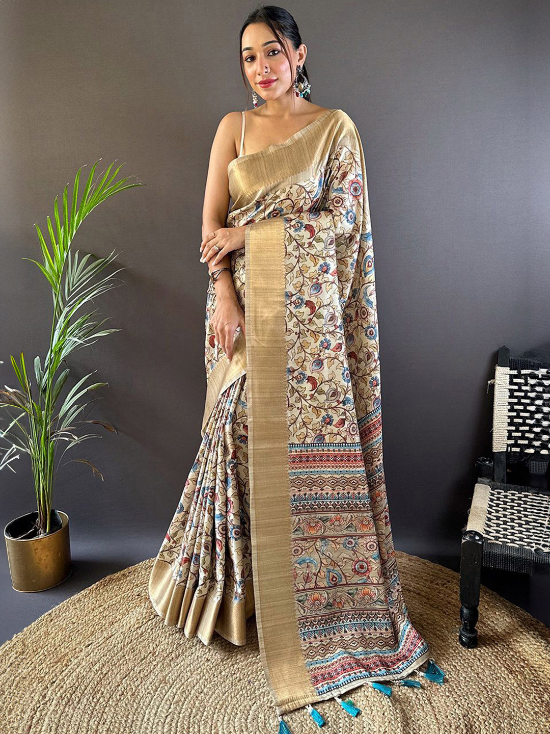 

all about you Floral Zari Silk Cotton Tussar Saree, Cream