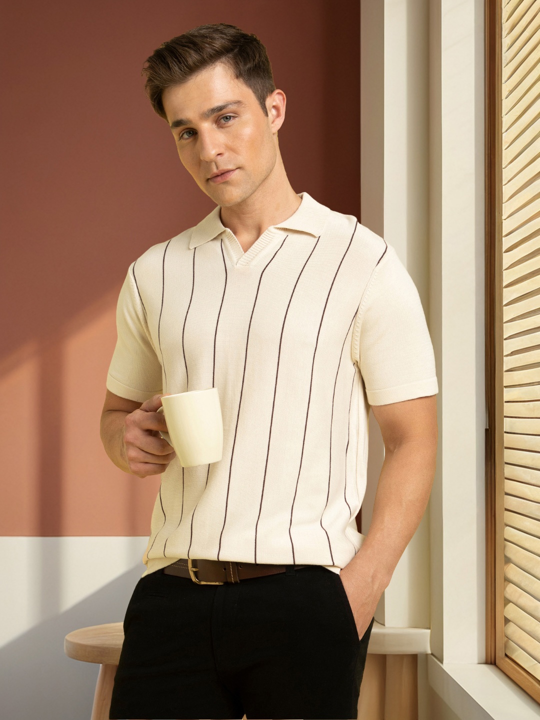 

Dennis Lingo Men Pure Cotton Regular Fit Striped Flat Knit Polo T-shirts, Off white