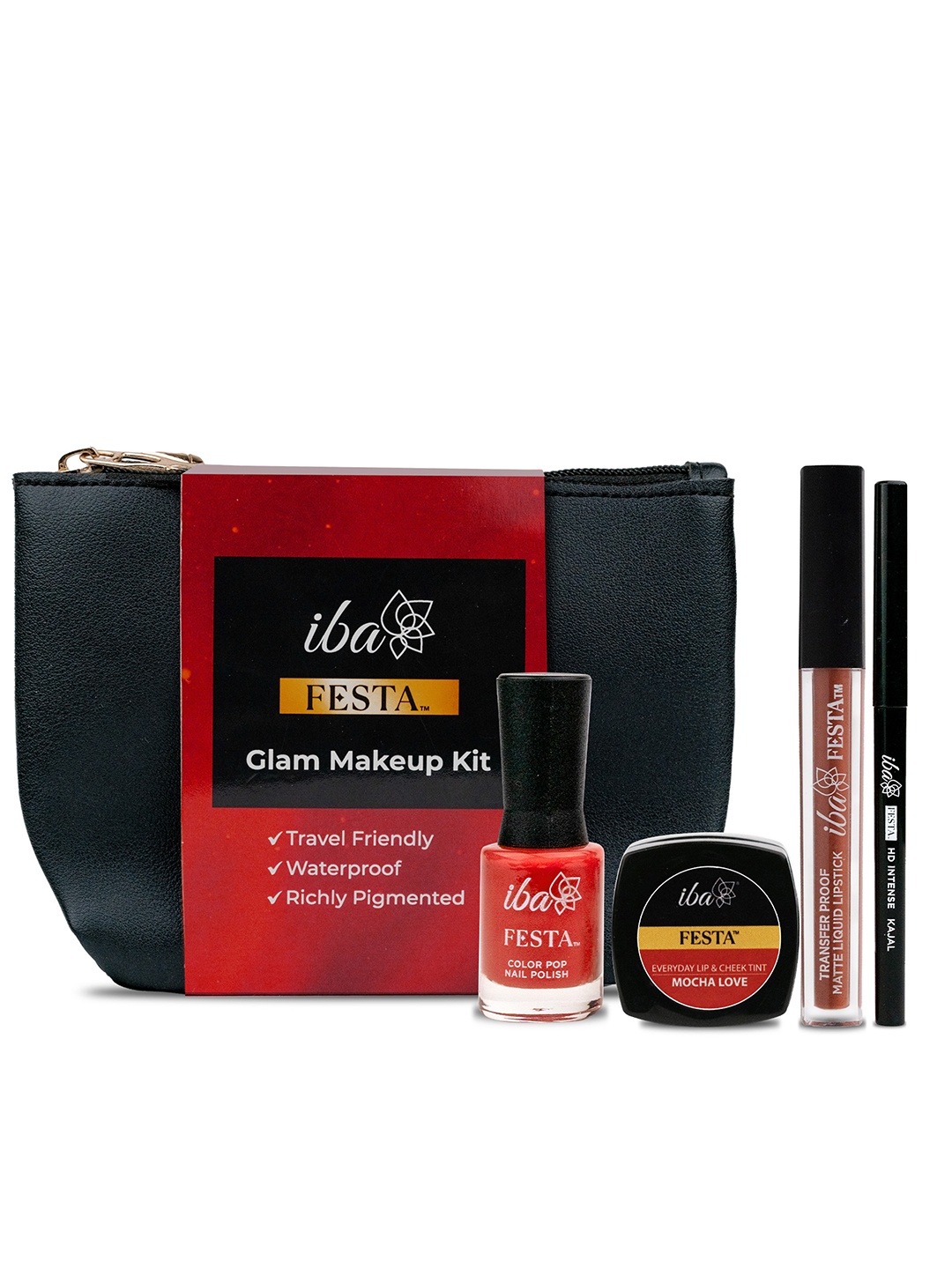 

Iba Festa Glam Makeup Kit - Liquid Lipstick, Kajal, Lip & Cheek Tint & Nail Polish, Red
