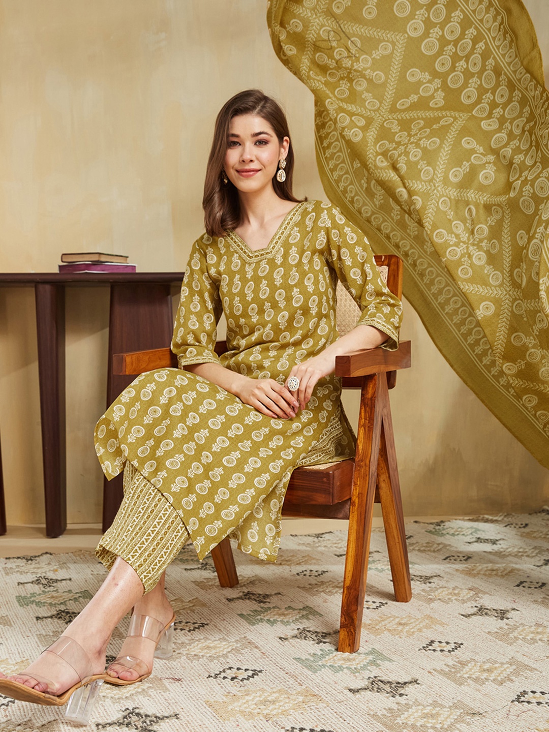 

KALINI Women Floral Printed Regular Kurta with Trousers & With Dupatta, Mustard