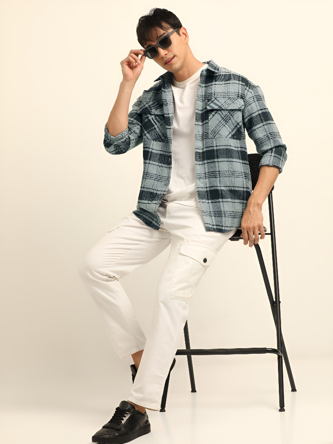 

Bushirt Checked Oversized Fit Pure Cotton Casual Shacket, Grey