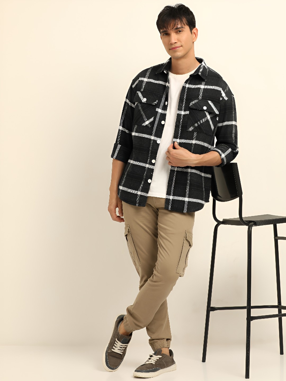 

Bushirt Checked Oversized Fit Pure Cotton Casual Shacket, Black
