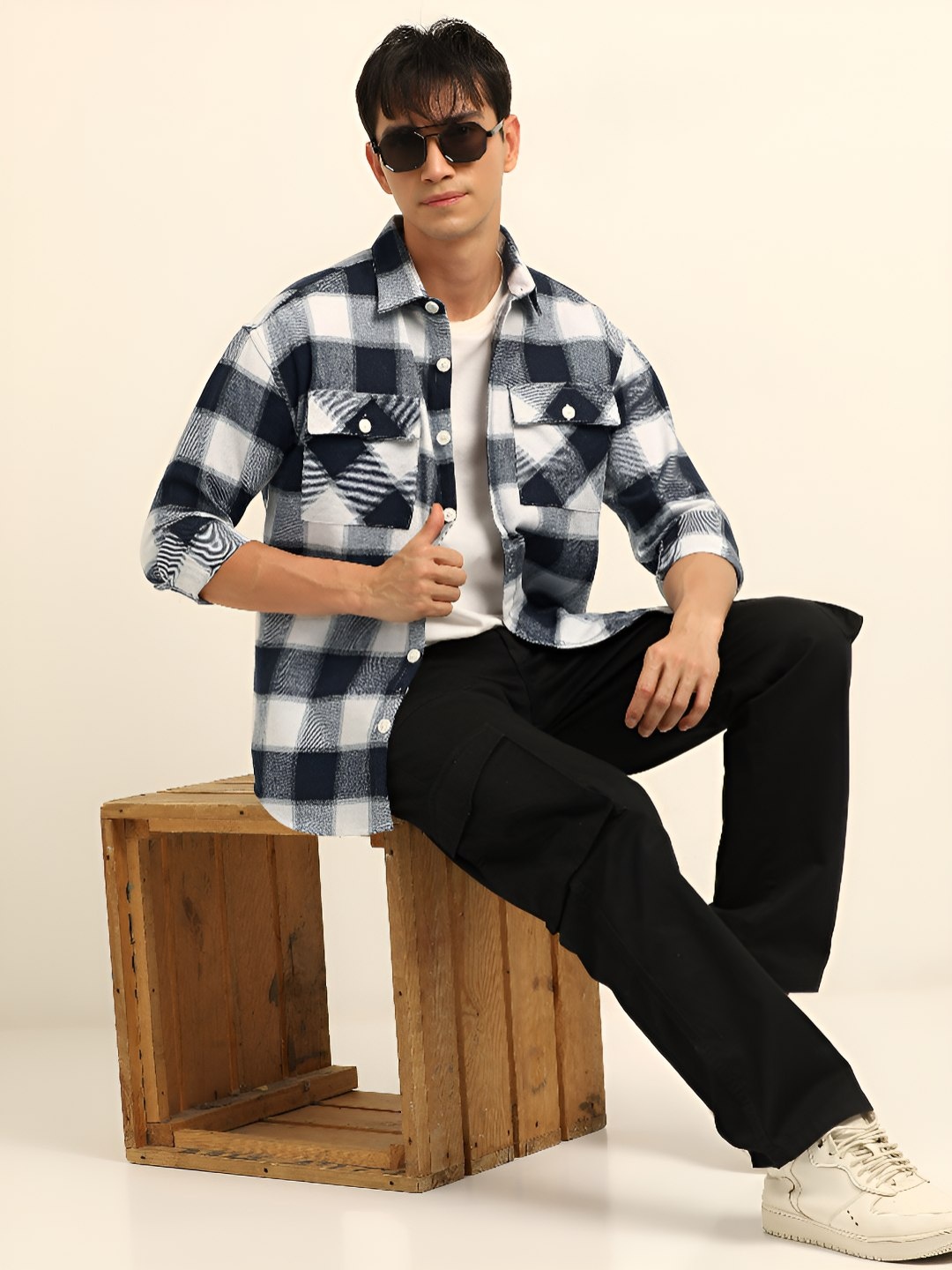 

Bushirt Oversized Fit Pure Cotton Casual Shacket, Navy blue
