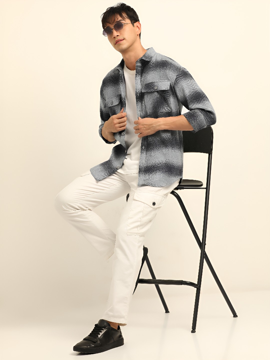 

Bushirt Checked Oversized Fit Pure Cotton Casual Shacket, Grey