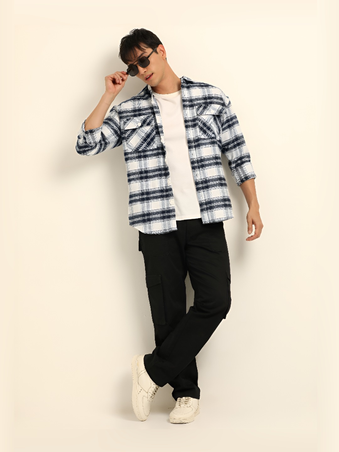 

Bushirt Checked Oversized Fit Pure Cotton Casual Shacket, Blue