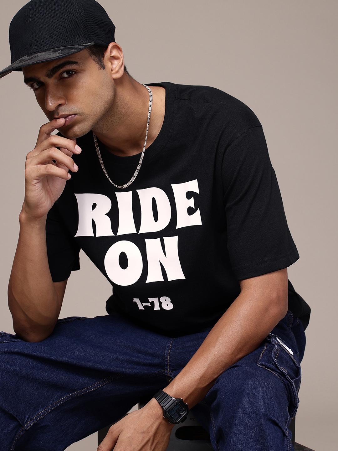 

R.Code by The Roadster Life Co. Men Typography Printed Relaxed Fit T-shirt, Black