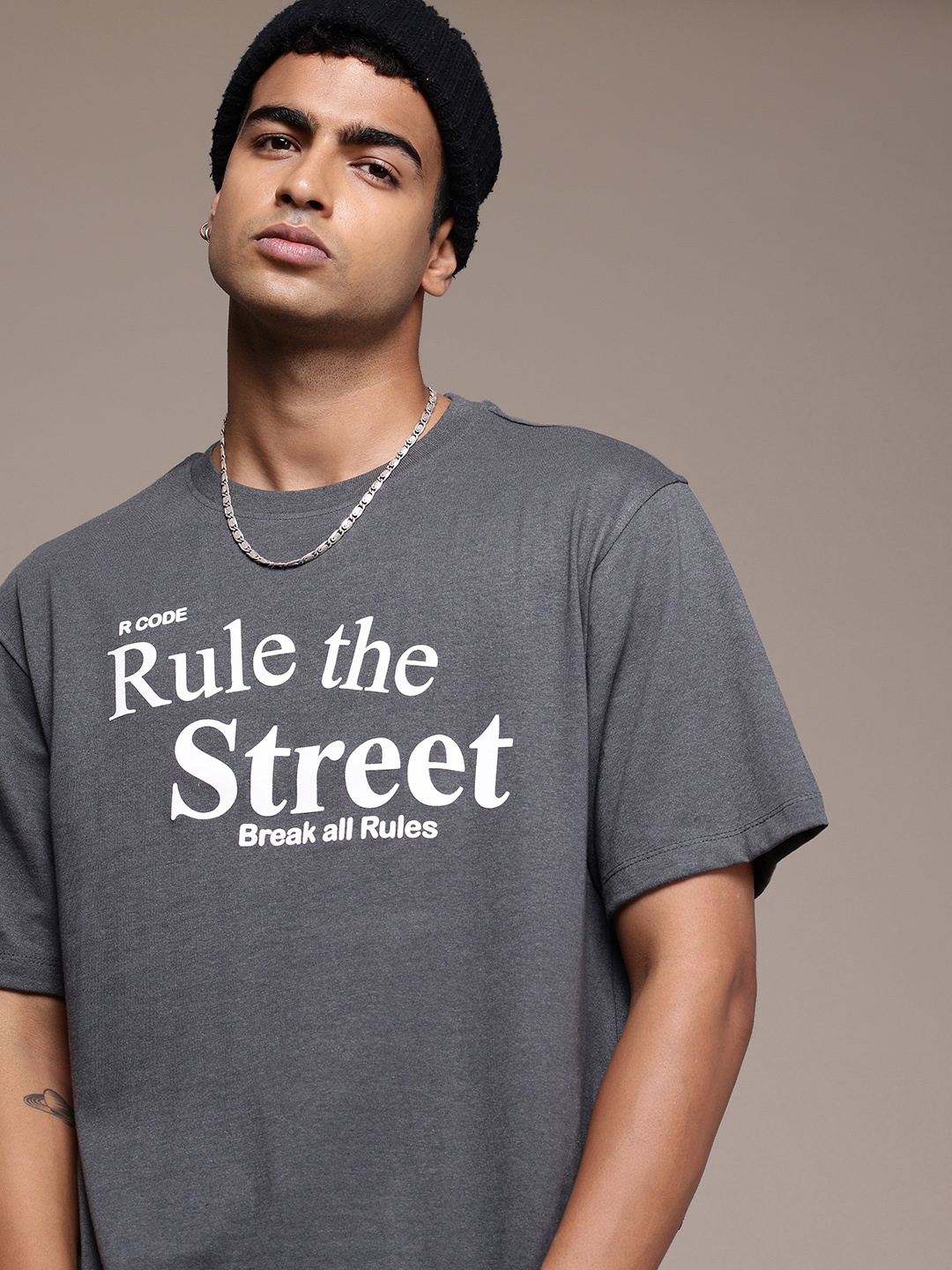 

R.Code by The Roadster Life Co. Men Typography Printed Relaxed Fit T-shirt, Grey