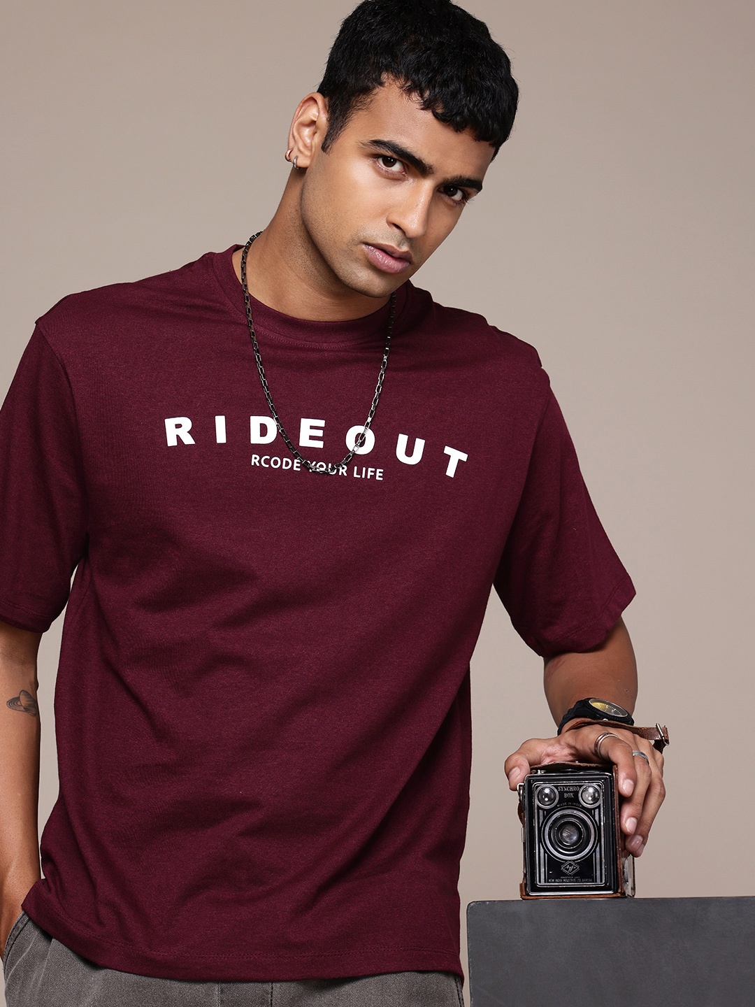 

R.Code by The Roadster Life Co. Men Typography Printed T-shirt, Burgundy
