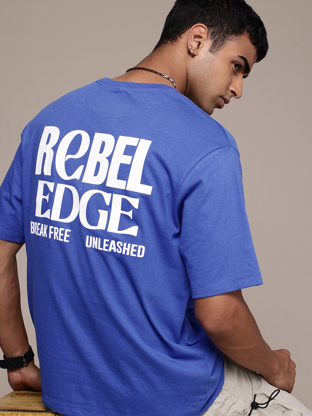 

R.Code by The Roadster Life Co. Typography Printed Drop-Shoulder Relaxed Fit T-shirt, Blue