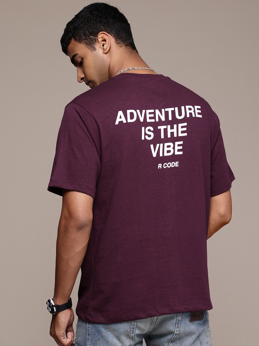 

R.Code by The Roadster Life Co. Men Typography Printed Relaxed Fit T-shirt, Burgundy