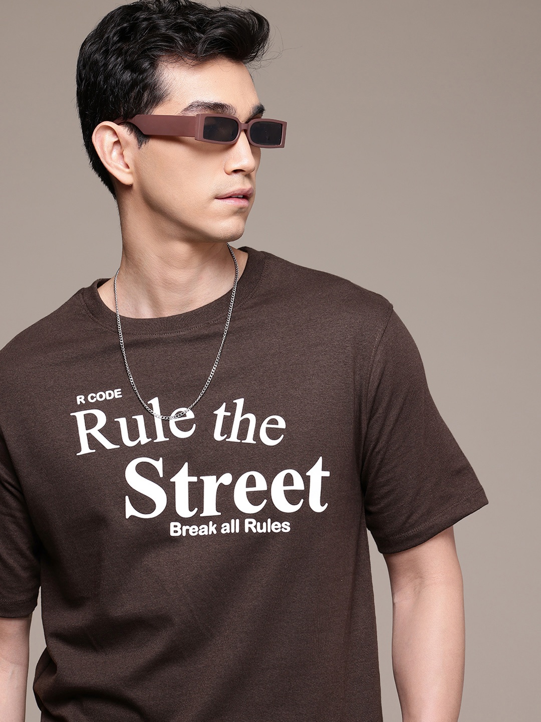 

R.Code by The Roadster Life Co. Typography Printed T-shirt, Coffee brown