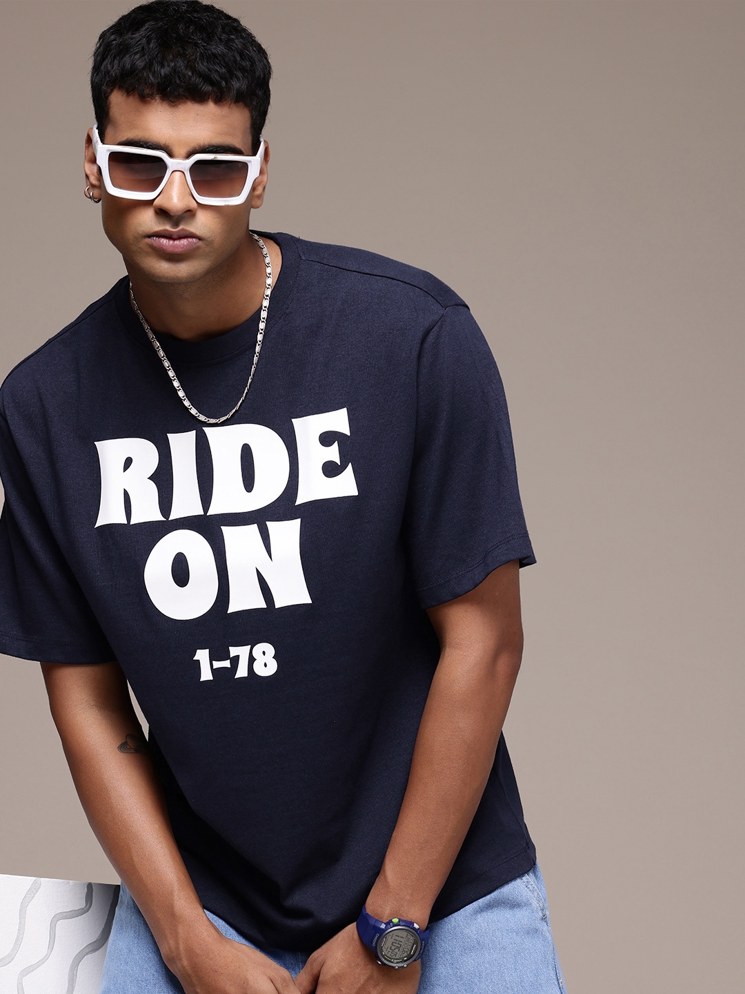 

R.Code by The Roadster Life Co. Typography Printed T-shirt, Navy blue