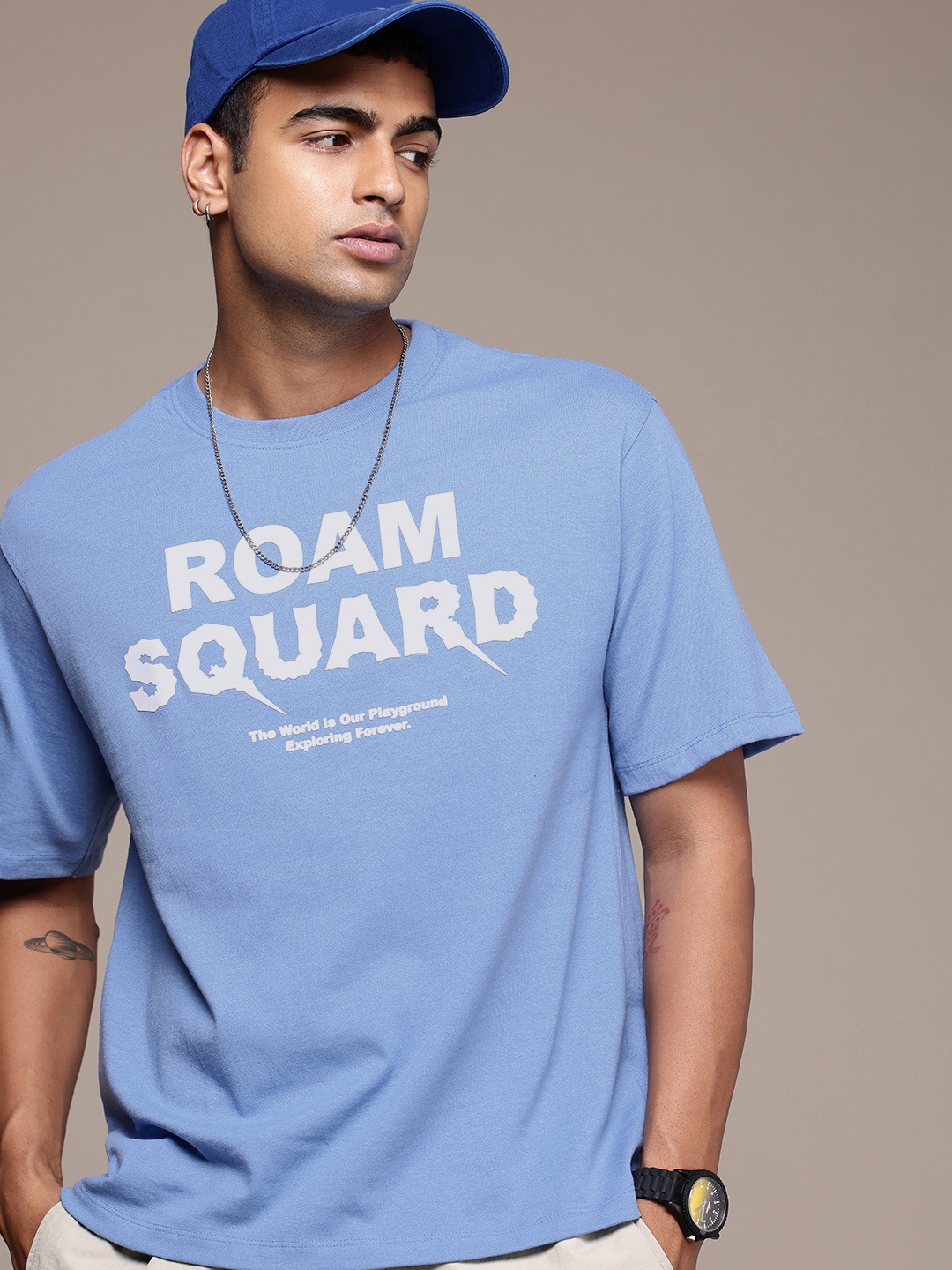 

R.Code by The Roadster Life Co. Typography Printed Drop-Shoulder Relaxed Fit T-shirt, Blue