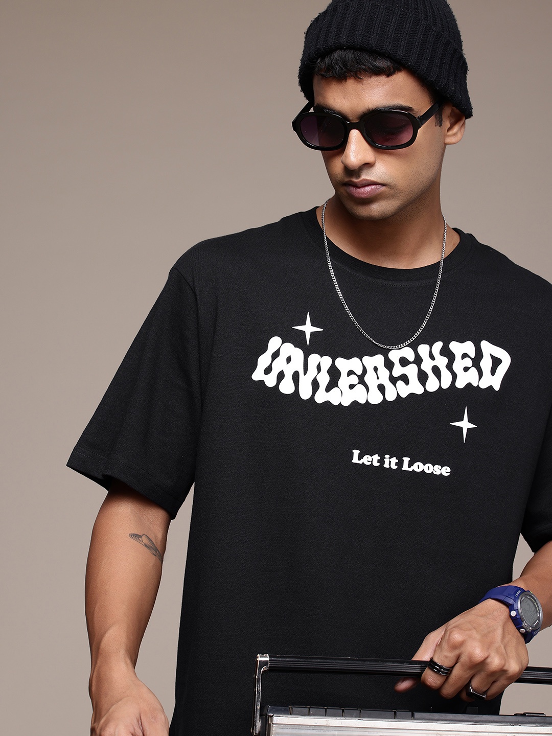 

R.Code by The Roadster Life Co. Men Typography Printed Relaxed Fit T-shirt, Black