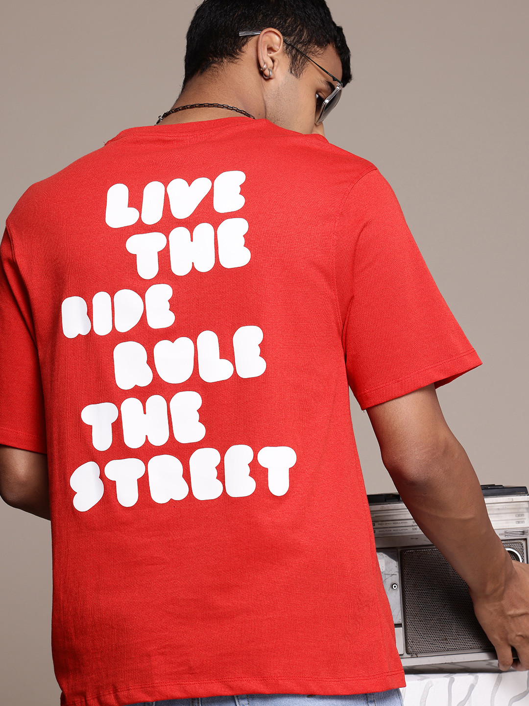 

R.Code by The Roadster Life Co. Typography Printed Drop-Shoulder Relaxed Fit T-shirt, Red