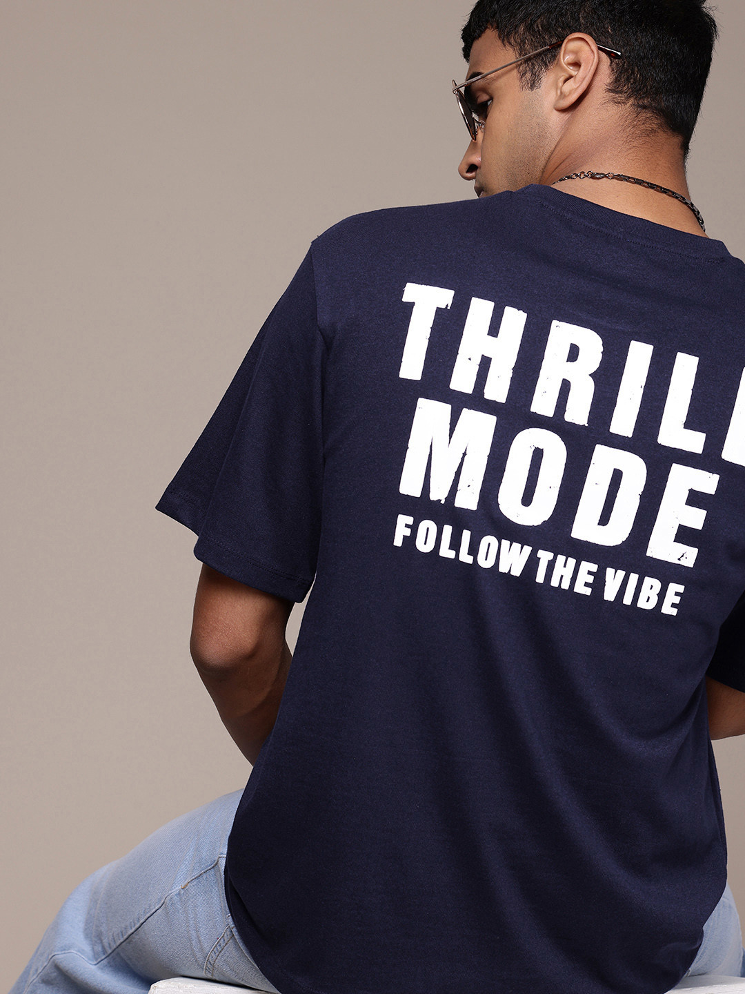 

R.Code by The Roadster Life Co. Typography Printed Drop-Shoulder Relaxed Fit T-shirt, Navy blue