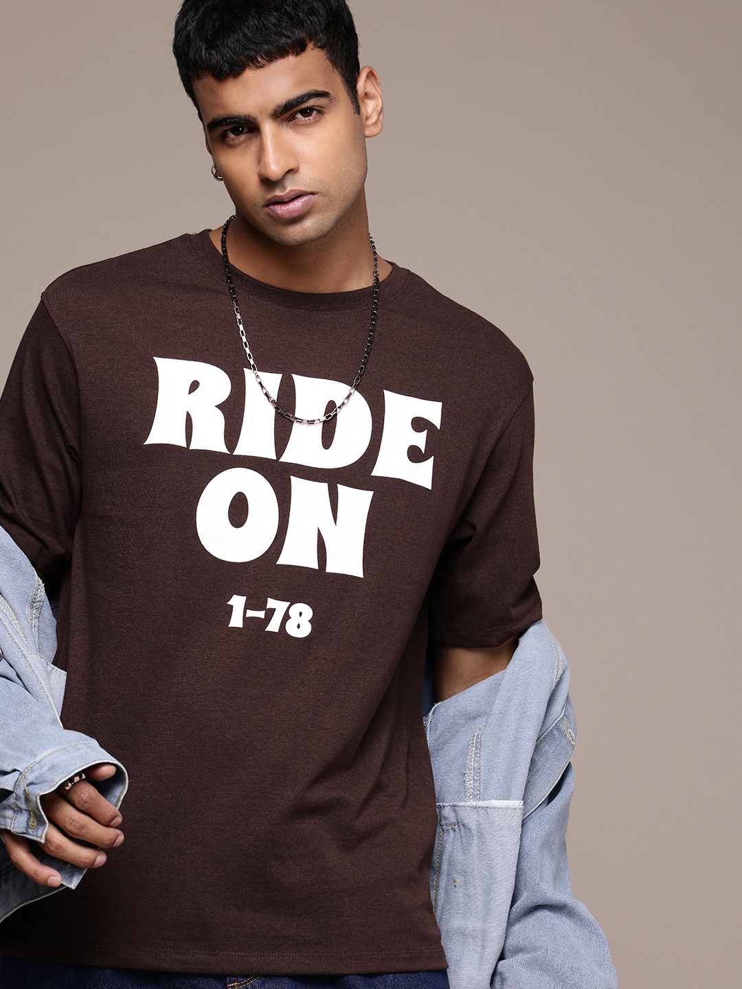 

R.Code by The Roadster Life Co. Typography Printed Drop-Shoulder Relaxed Fit T-shirt, Coffee brown