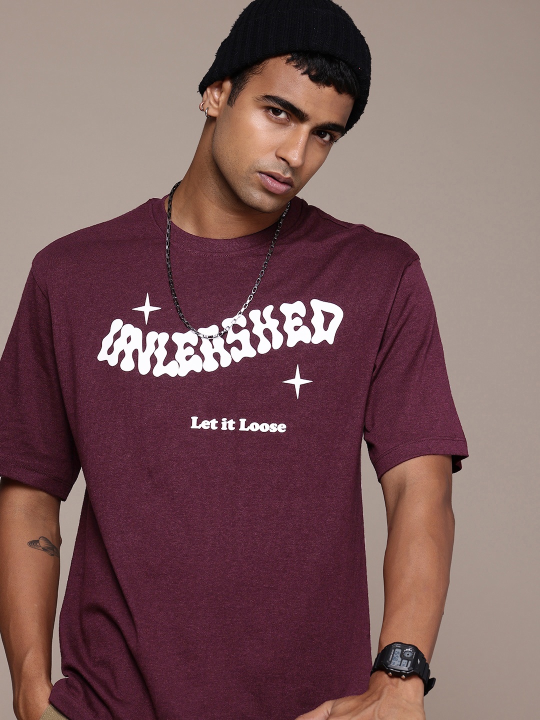 

R.Code by The Roadster Life Co. Typography Printed Drop-Shoulder Relaxed Fit T-shirt, Burgundy