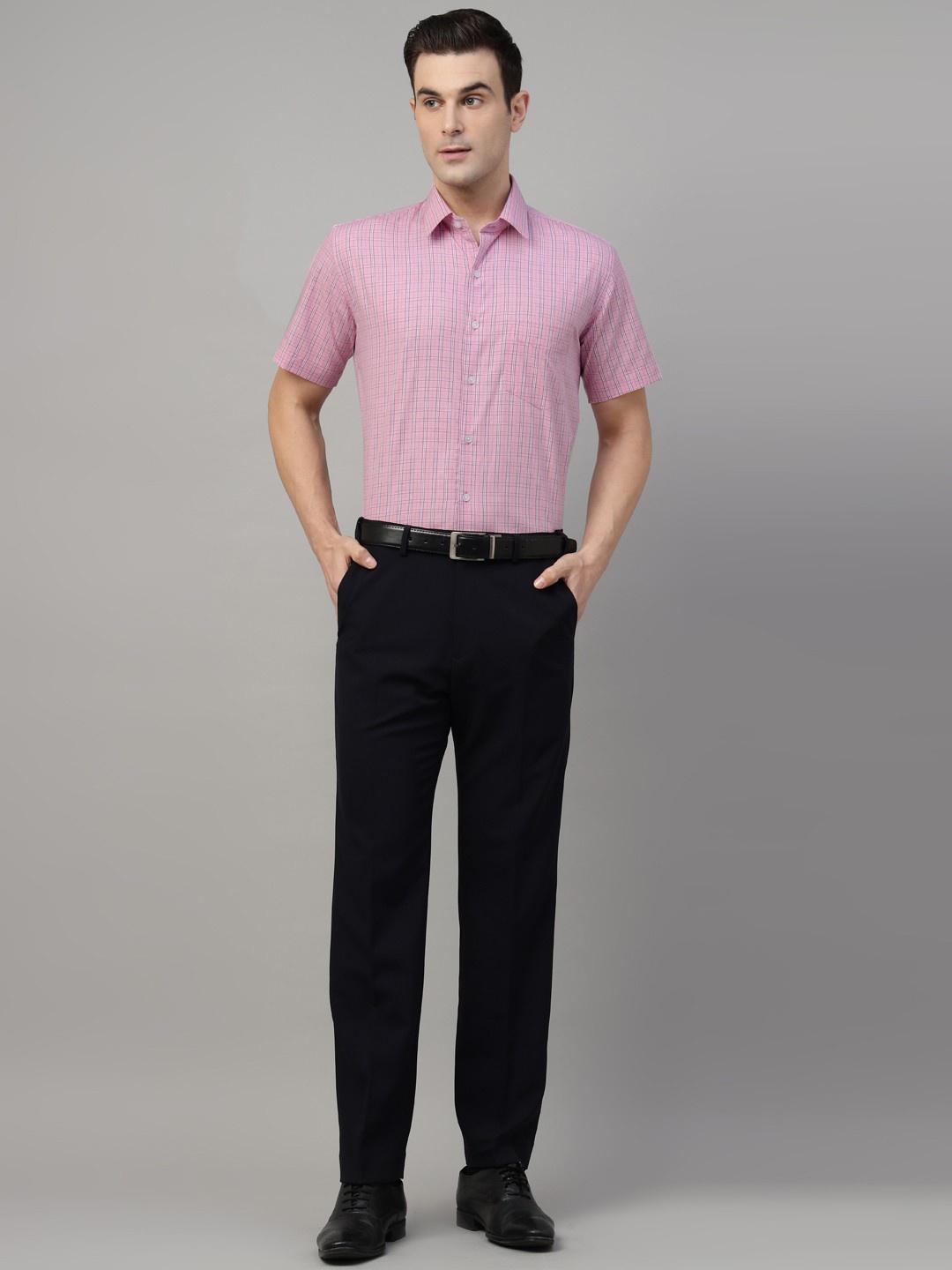 

Hancock Men Standard Slim Fit Windowpane Checks Opaque Checked Formal Shirt, Pink