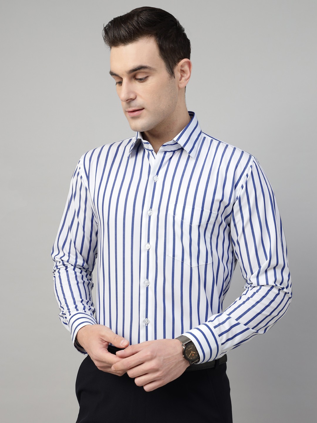 

Hancock Men Classic Slim Fit Opaque Striped Formal Shirt, White