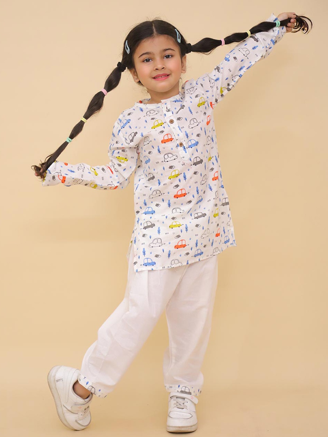

LITTLE GINNIE Unisex Kids Printed Regular Pure Cotton Kurta with Pyjamas, White