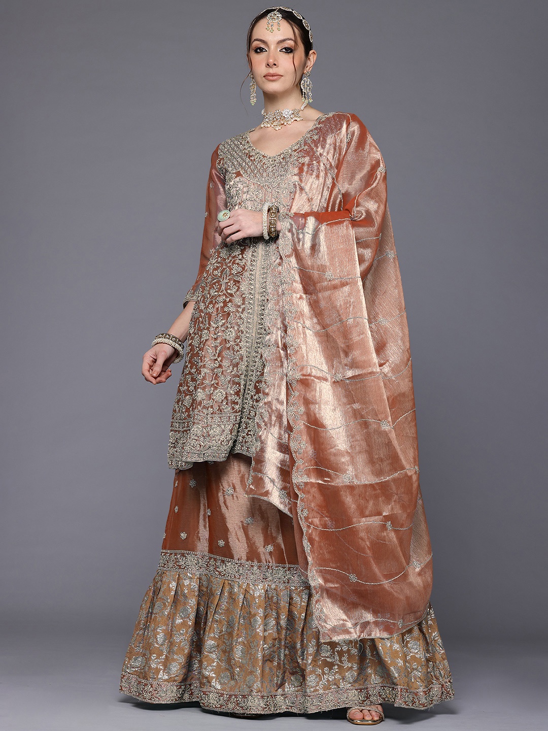 

Ahalyaa Embroidered Organza Semi-Stitched Dress Material, Brown