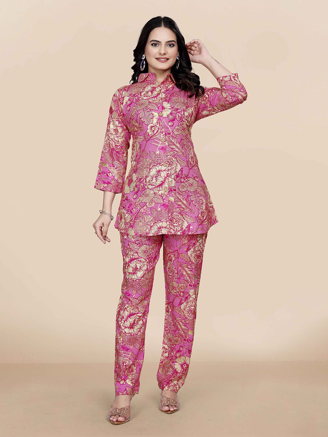 

YOELLA Printed Shirt Collar Top With Trousers Co-Ords Set, Pink
