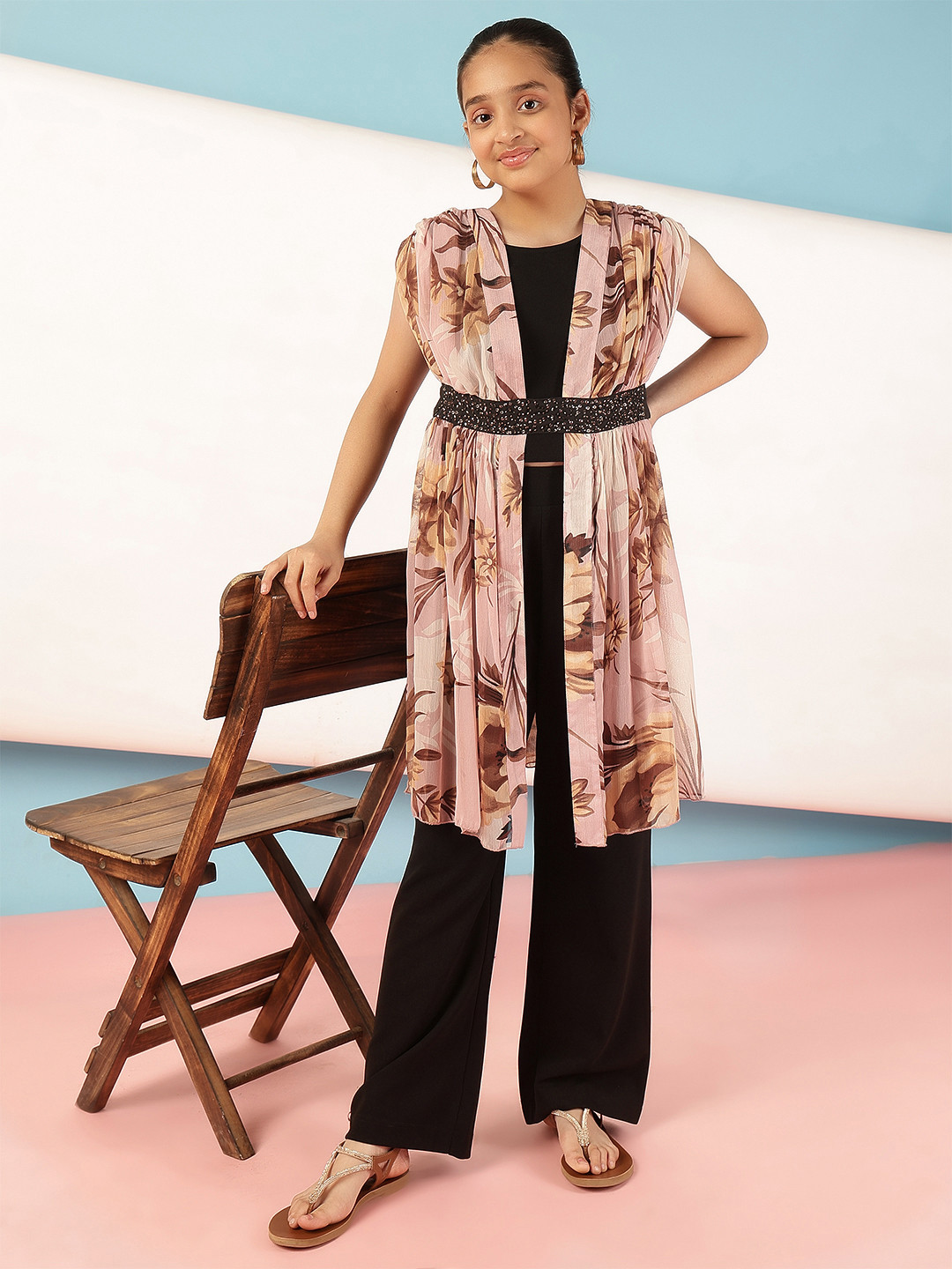 

Antheaa Embellished Round Neck Top With Trousers, Pink