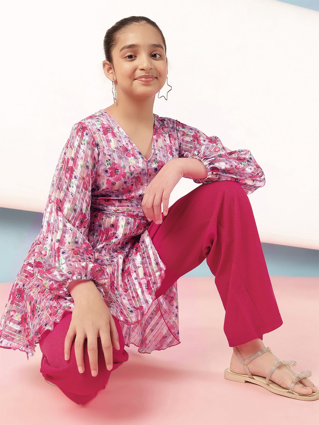 

Antheaa Girls Printed Top with Trousers, White