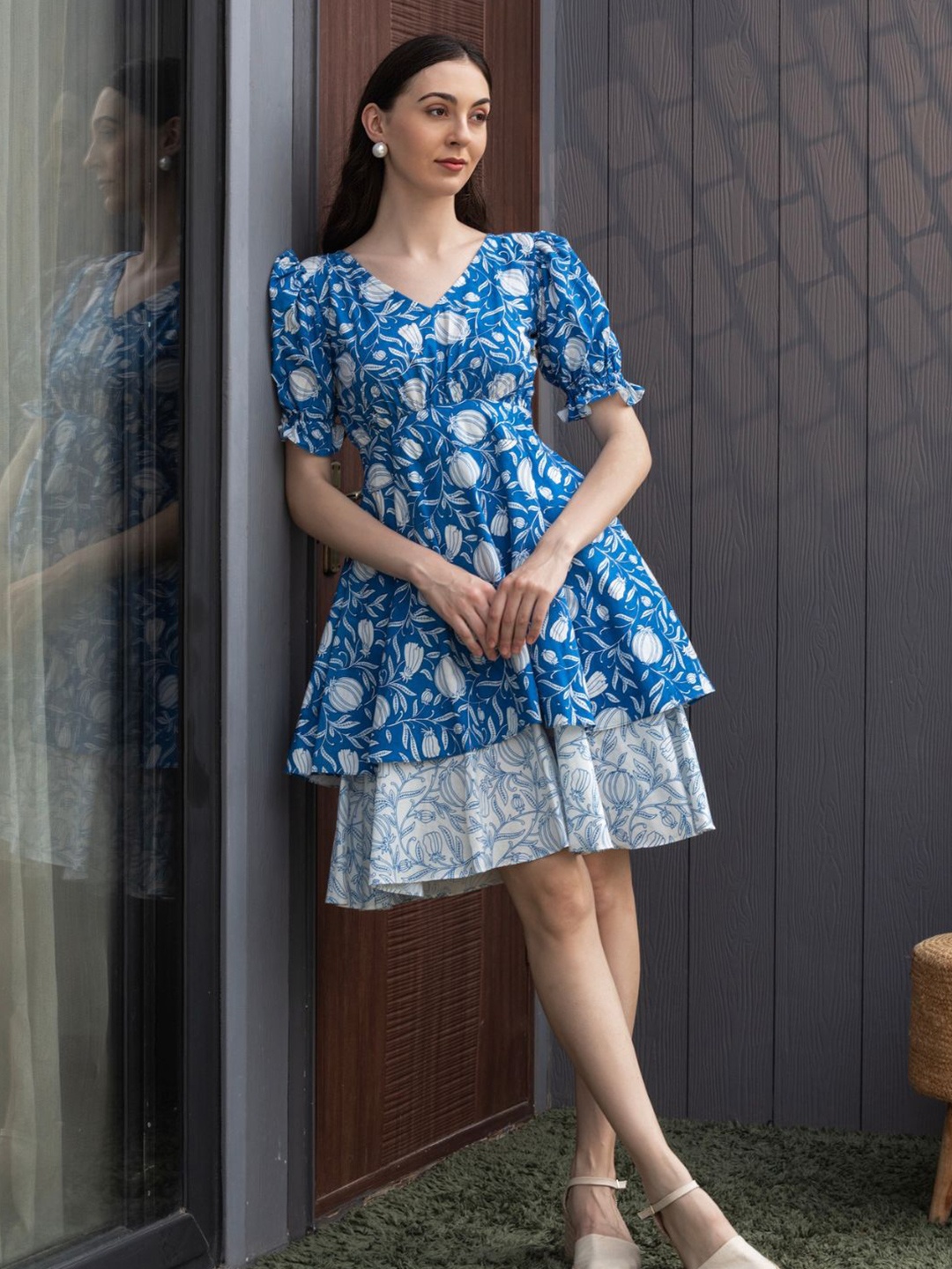 

House of Abeena Floral Print Puff Sleeve Fit & Flare Midi Dress, Blue