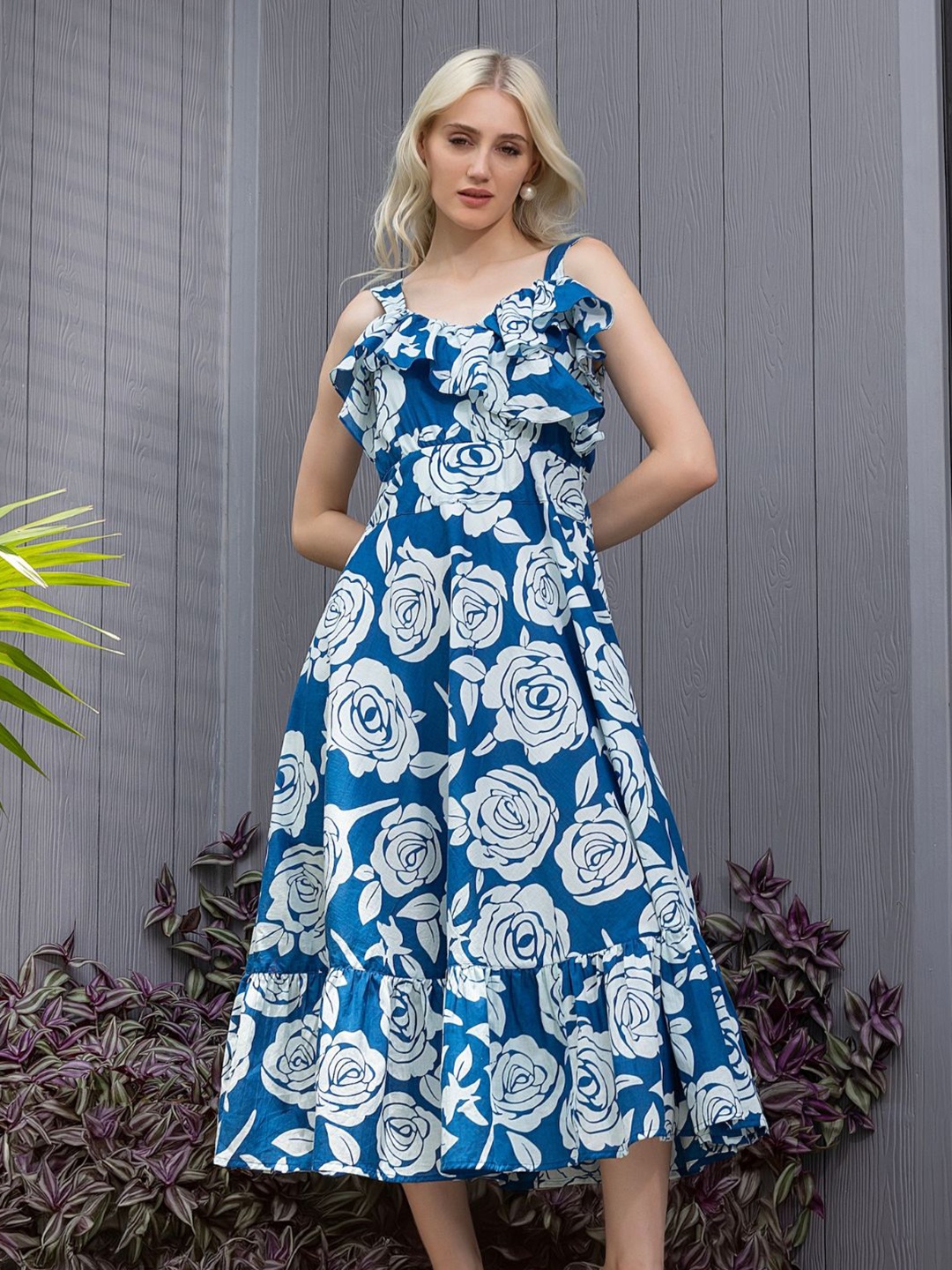 

House of Abeena Floral Print Fit & Flare Midi Dress, Blue