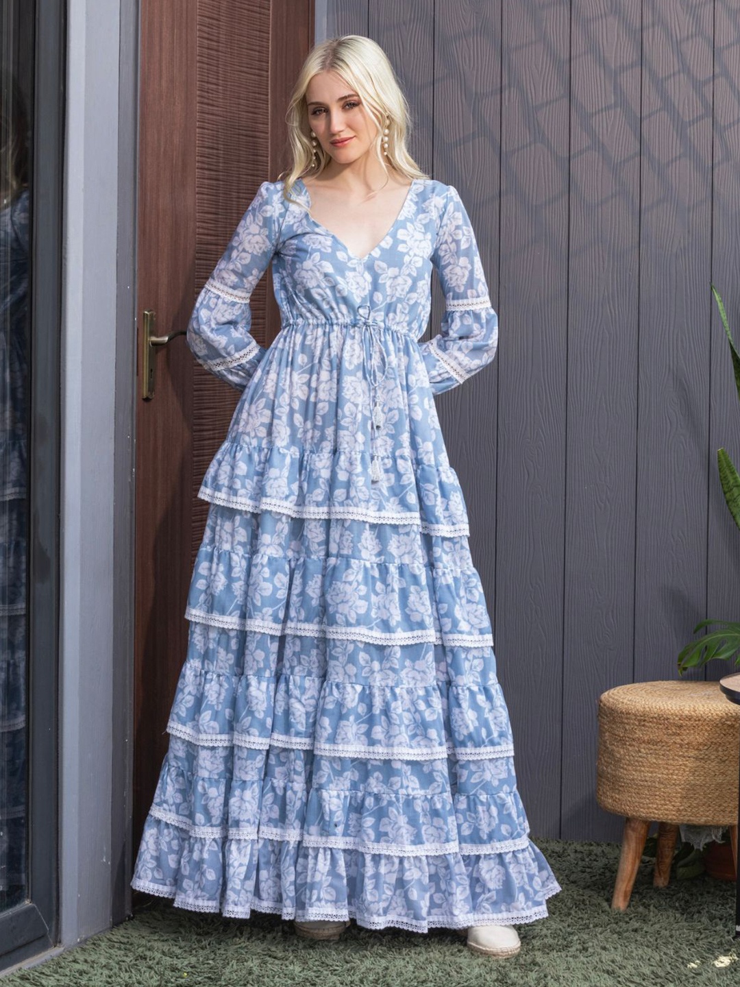 

House of Abeena Floral Print Layered Fit & Flare Maxi Dress, Blue