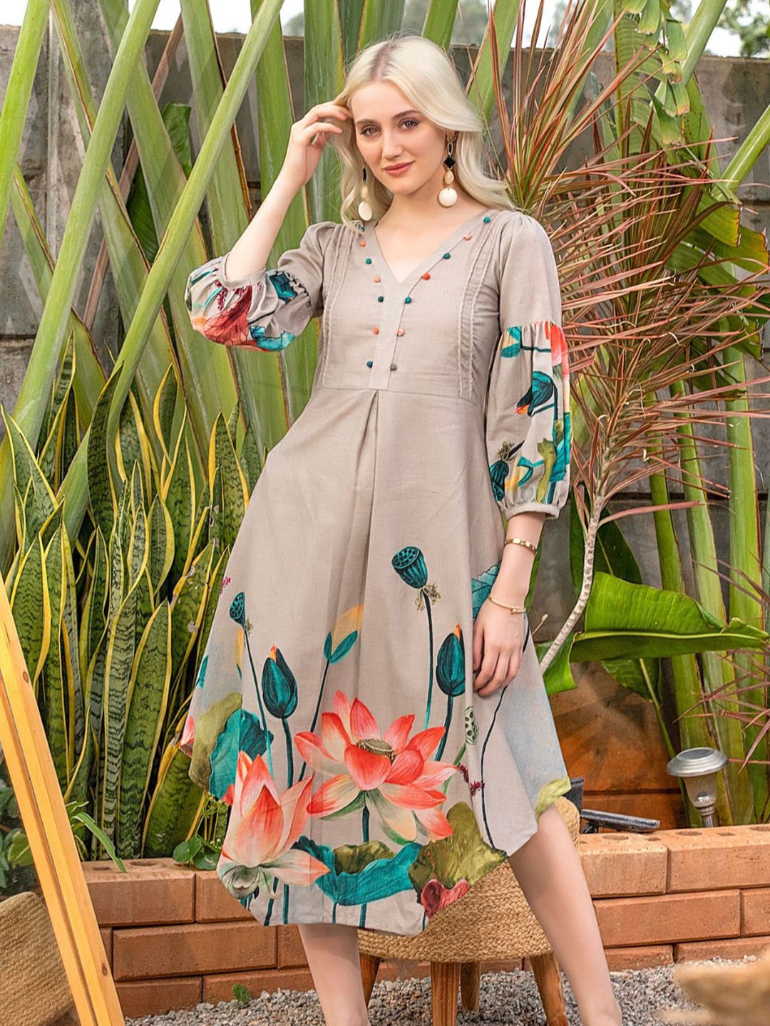 

House of Abeena Floral Print A-Line Midi Dress, Grey