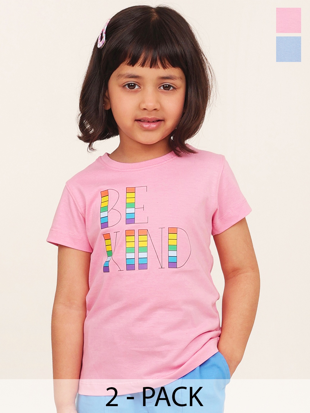 

Campana Girls Pack Of 2 Graphic Printed Round Neck Cotton T-shirts, Pink