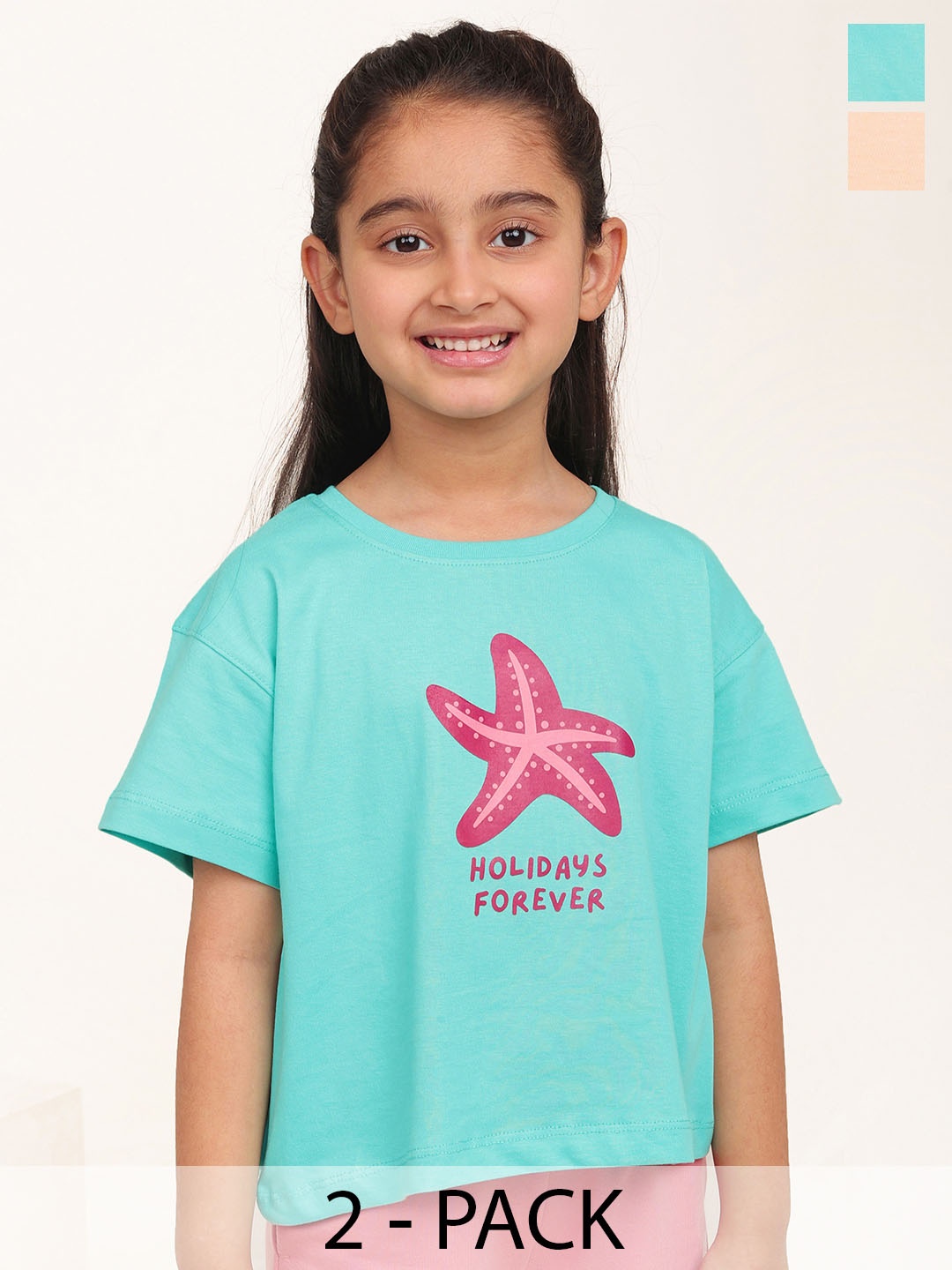 

Campana Girls Pack Of 2 Graphic Printed Drop Shoulder Cotton T-shirts, Turquoise blue