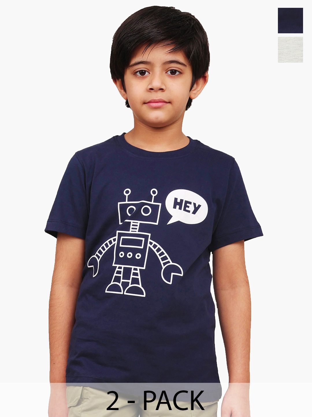 

Campana Boys Pack Of 2 Graphic Printed Round Neck Cotton T-shirts, Navy blue