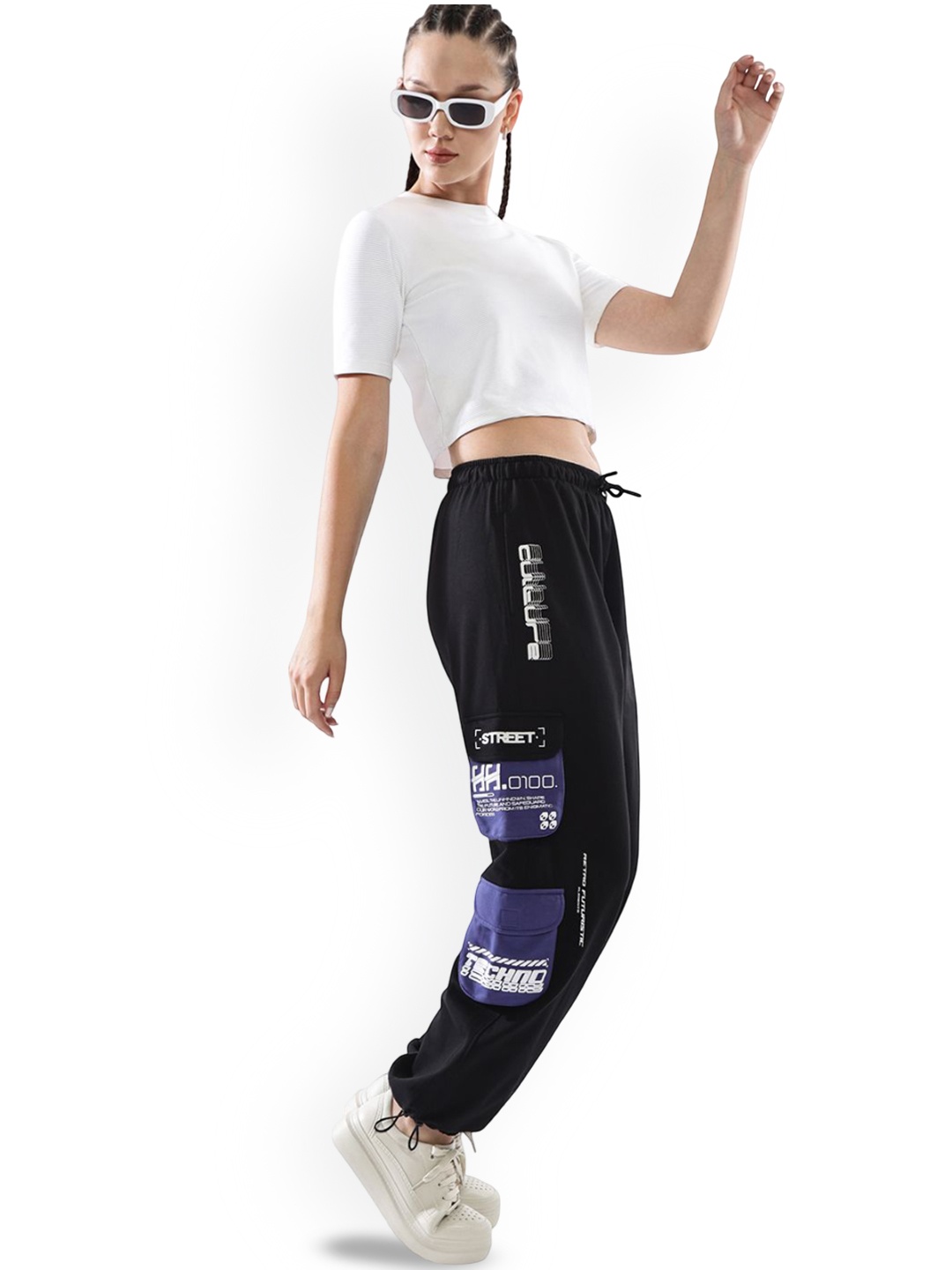 

Hubberholme Women Cotton Printed Relaxed-Fit Cargo Joggers, Black