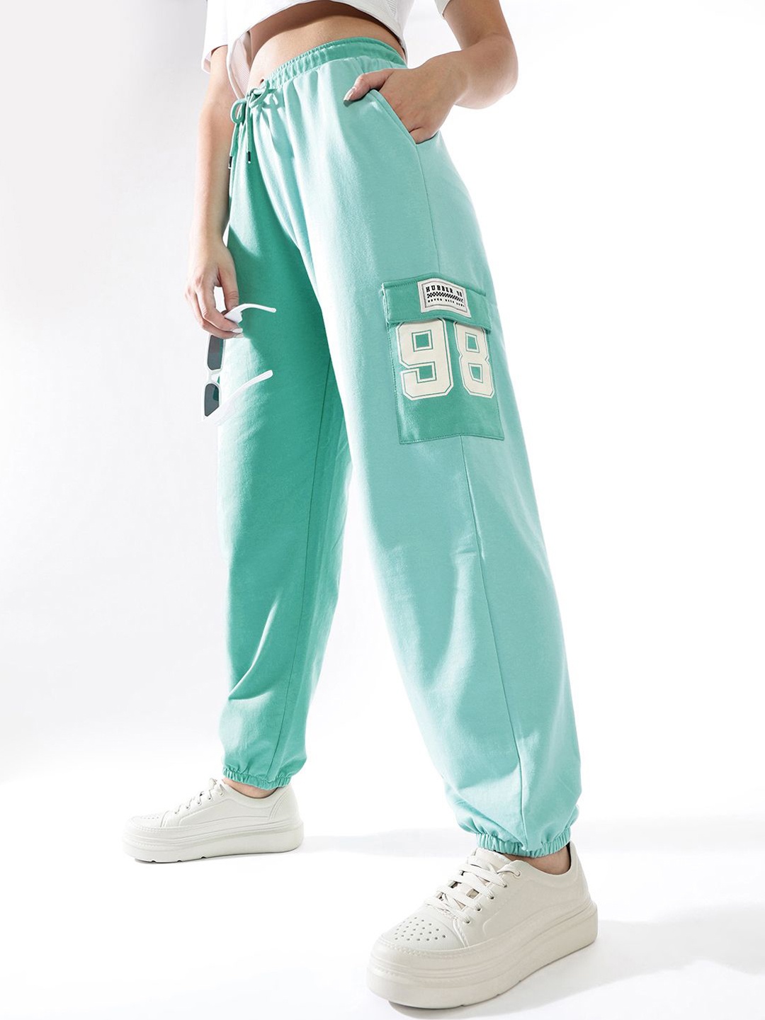 

Hubberholme Women Cotton Colourblocked Relaxed-Fit Cargo Printed Track Pants, Turquoise blue