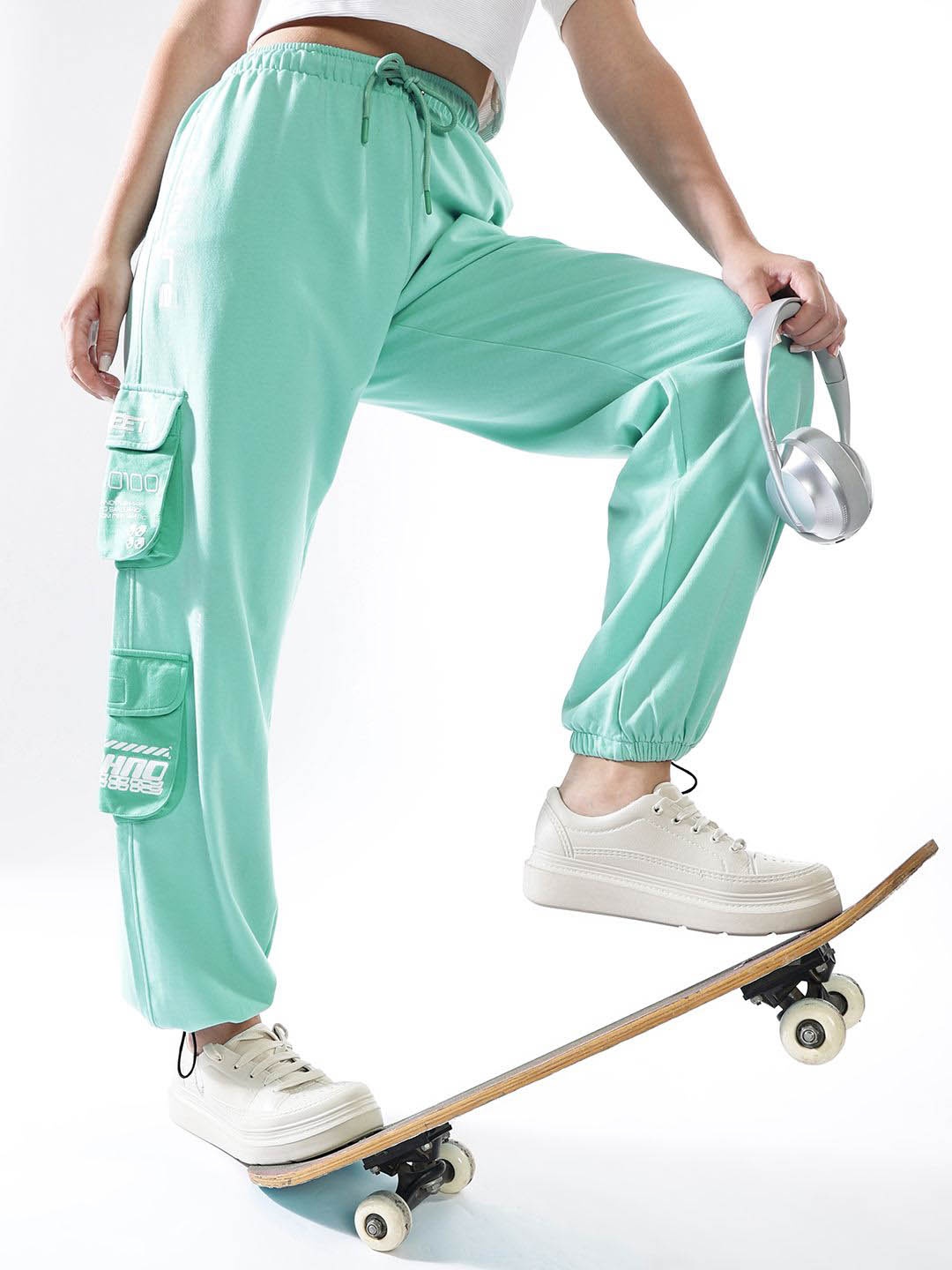 

Hubberholme Women Cotton Printed Relaxed-Fit Cargo Joggers, Turquoise blue