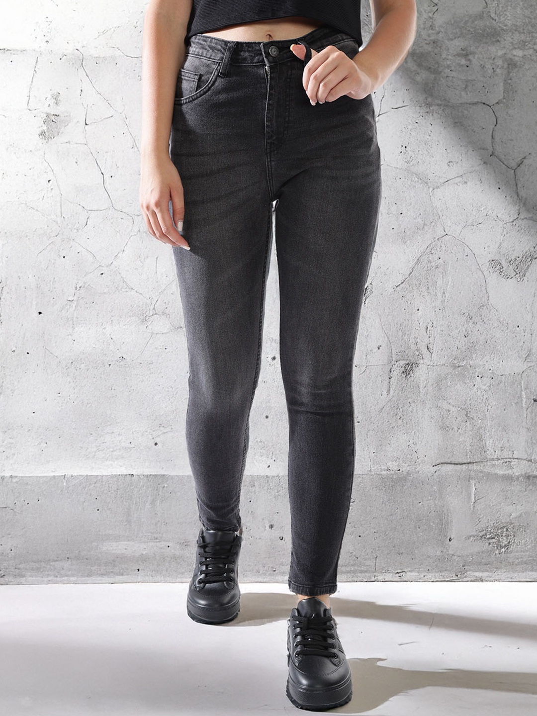 

High Star Women Comfort Skinny Fit High-Rise Heavy Fade Stretchable Jeans, Black