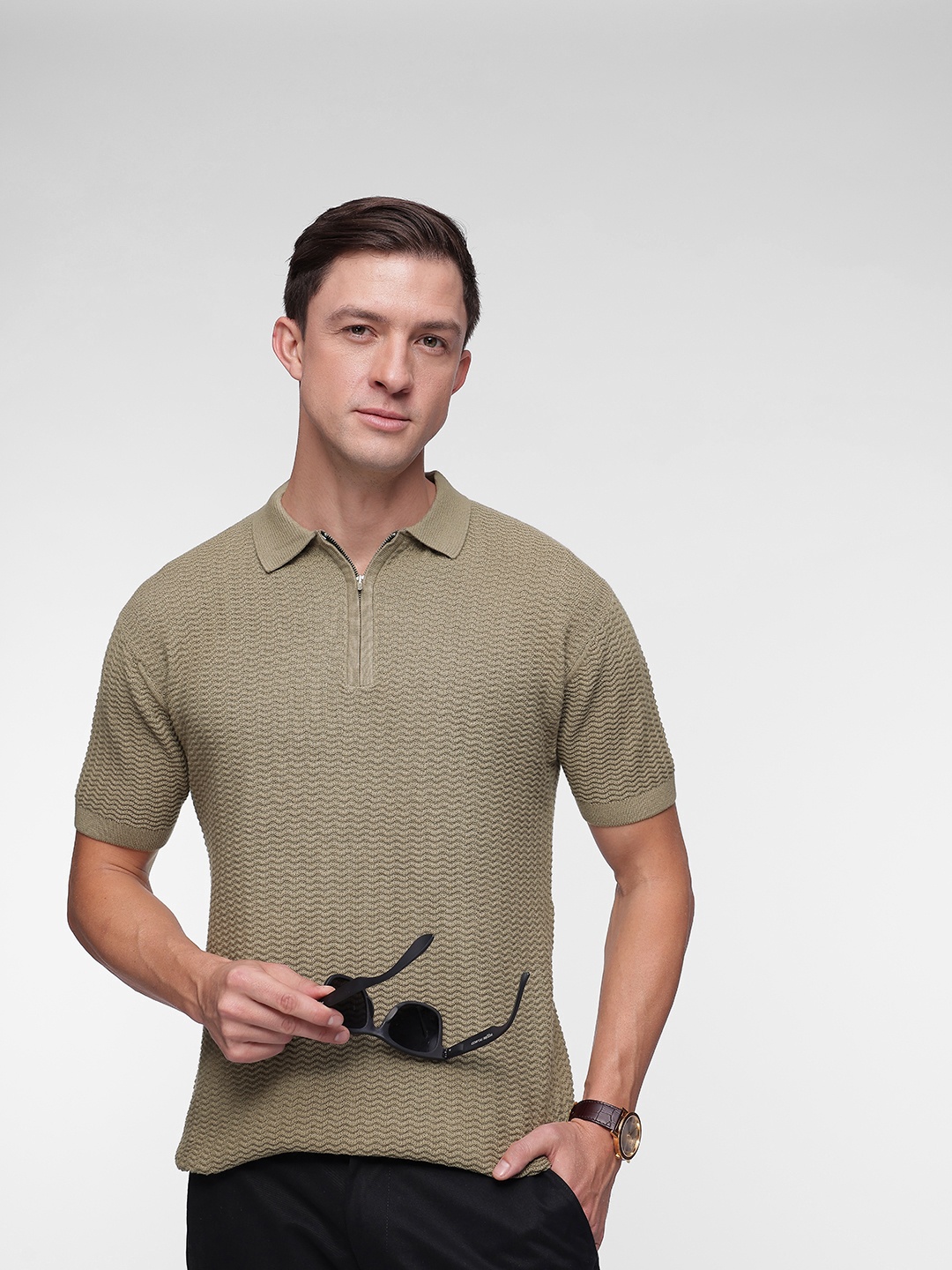 

French Connection Textured Pure Cotton Polo Collar T-shirt, Olive