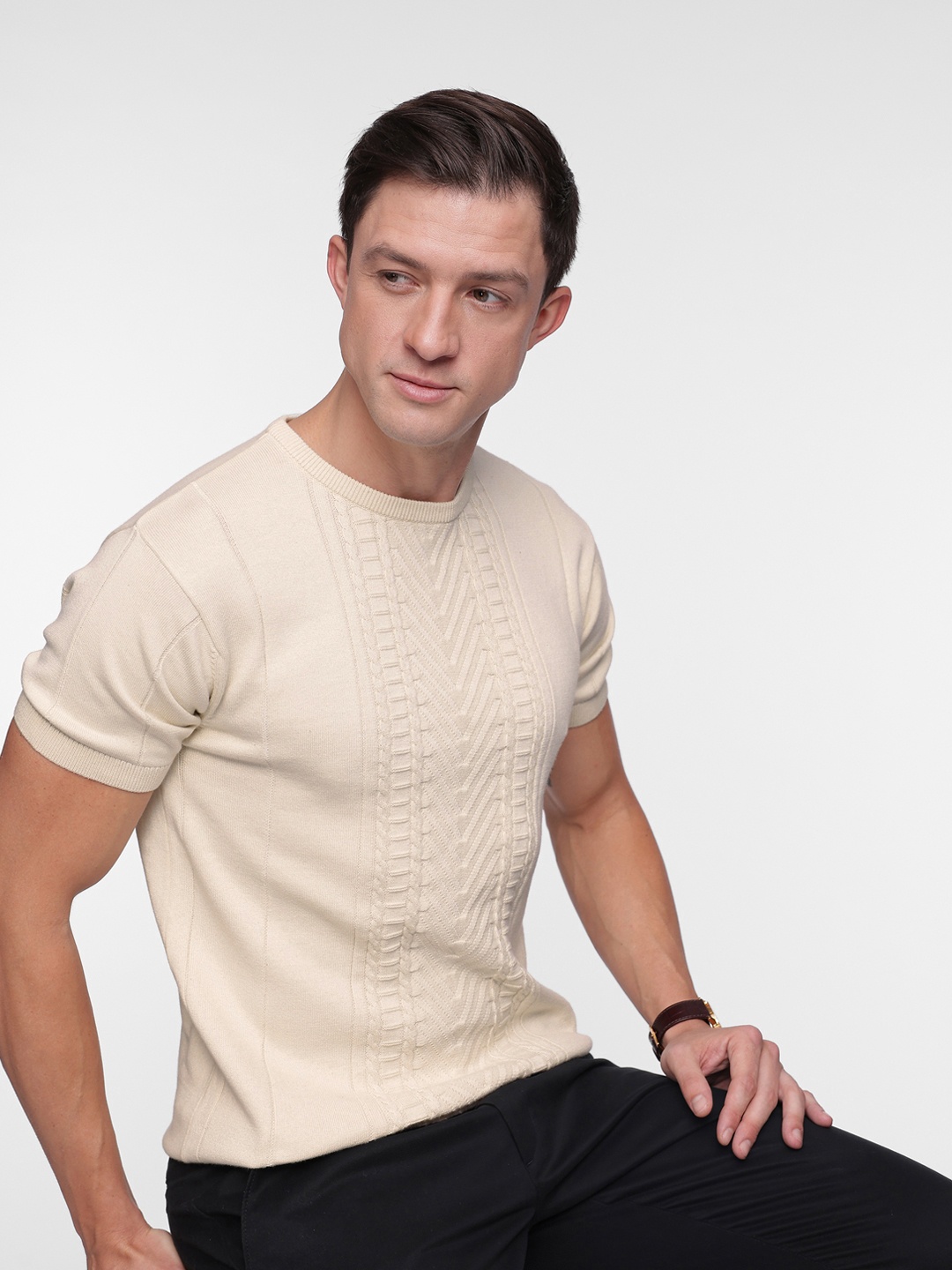 

French Connection Self Design Pure Cotton Polo Collar T-shirt, Off white