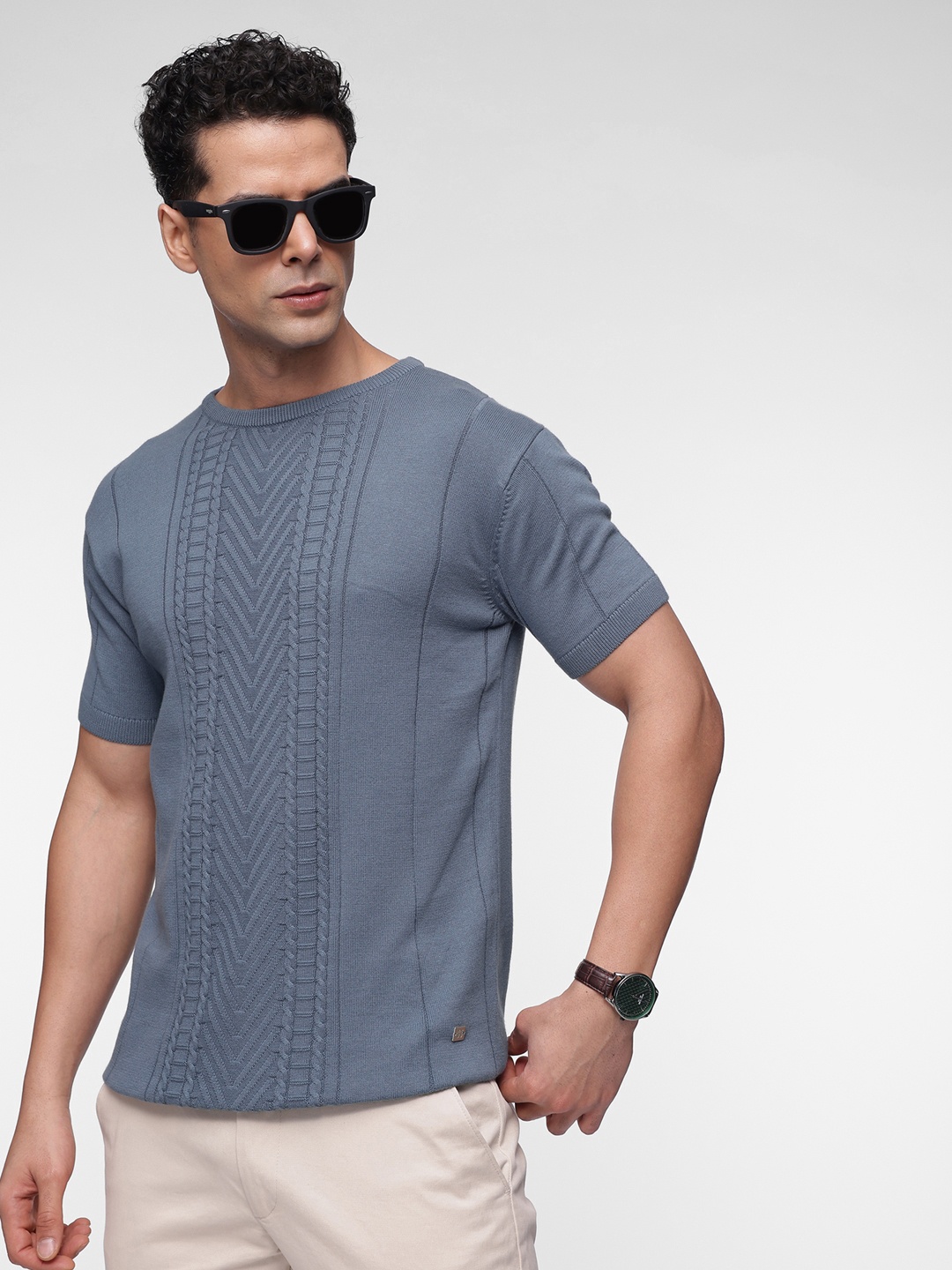 

French Connection Self Design Pure Cotton Round Neck T-shirt, Blue