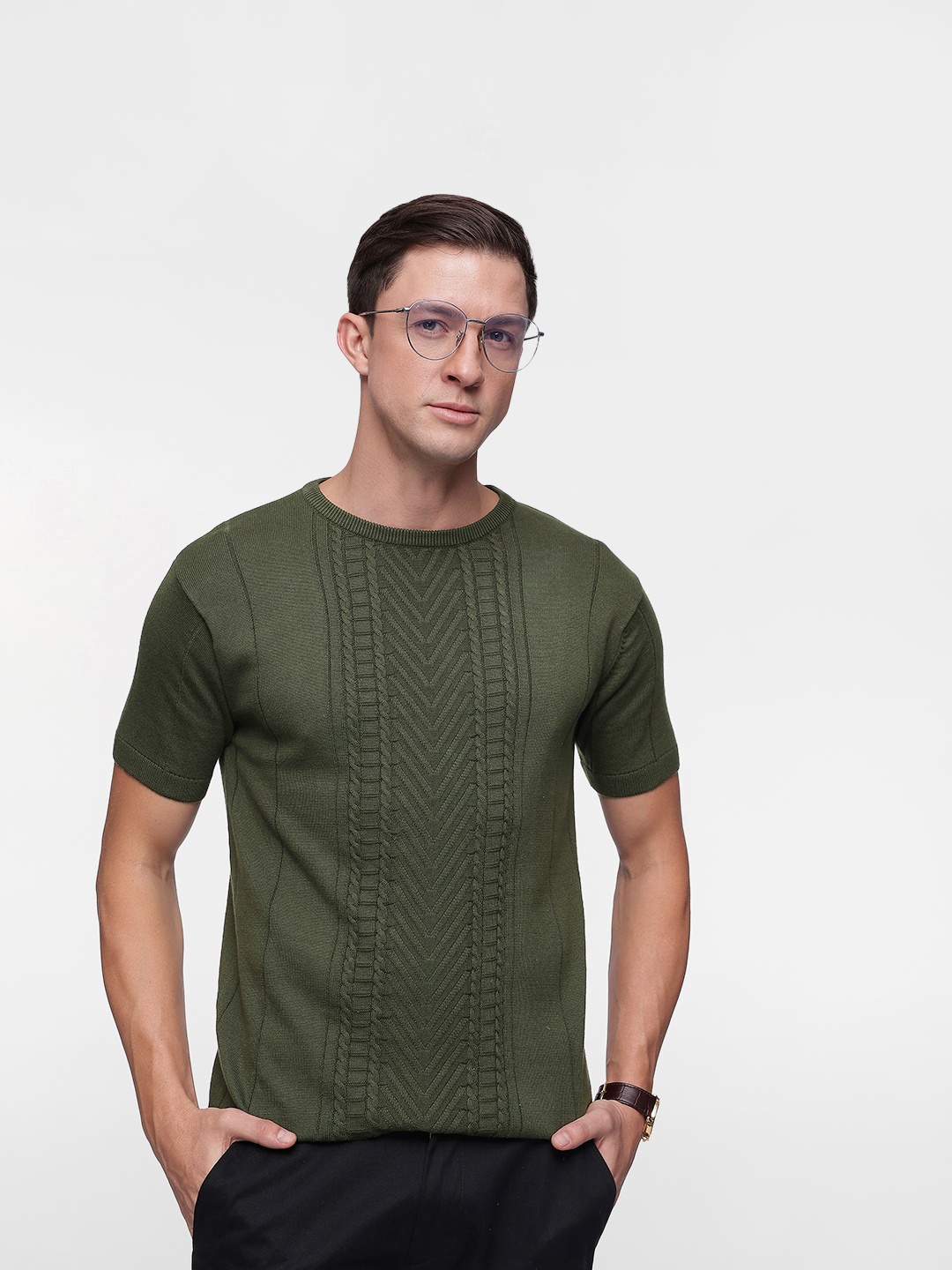 

French Connection Self Design Pure Cotton Round Neck T-shirt, Olive