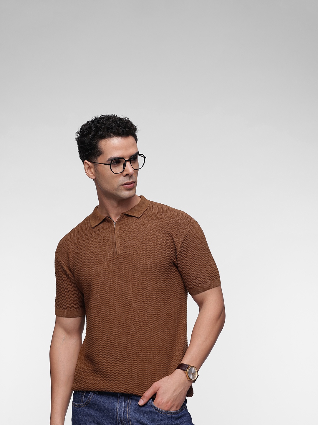 

French Connection Men Polo Collar Pure Cotton T-shirt, Brown